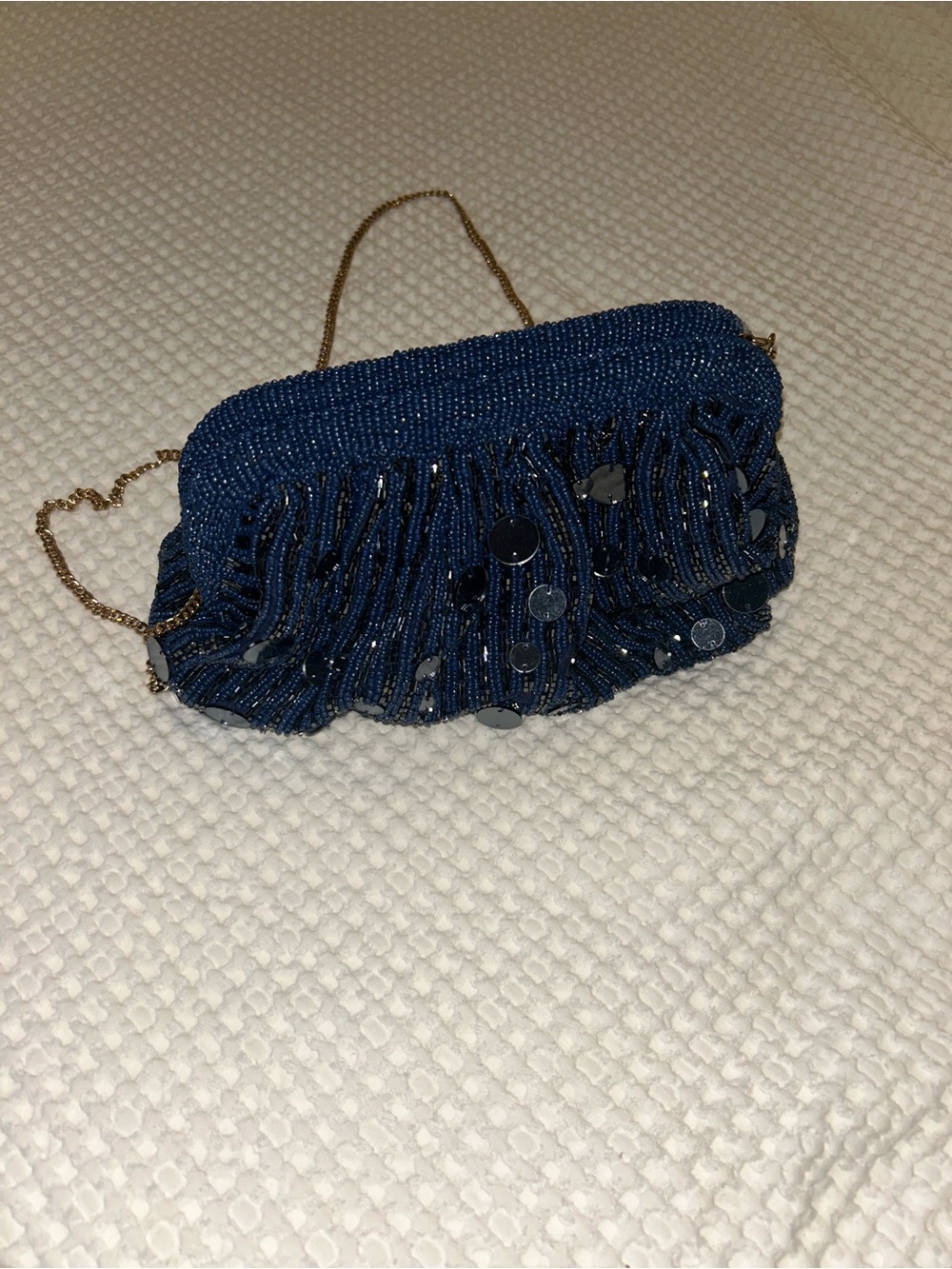 Anthropologie mirror beaded bag Navy Sequin Snap Closure Gold Convertible Chain - Picture 4 of 4